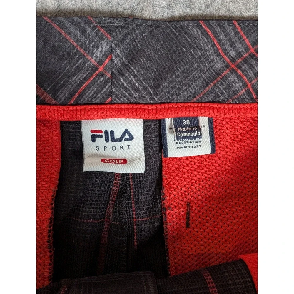 Fila Sport Golf Shorts Mens Black Red Plaid Flat Front Performance Activewear
